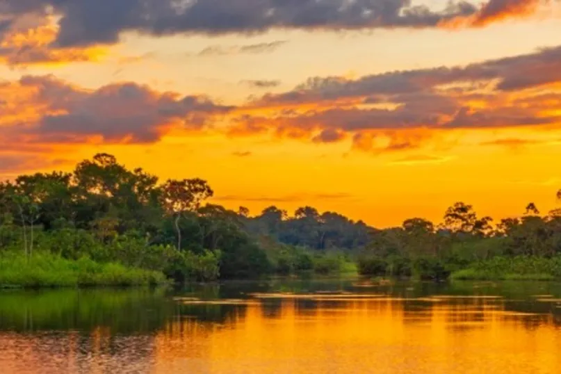 Vliegtickets Suriname - Amazone met zonsondergang.