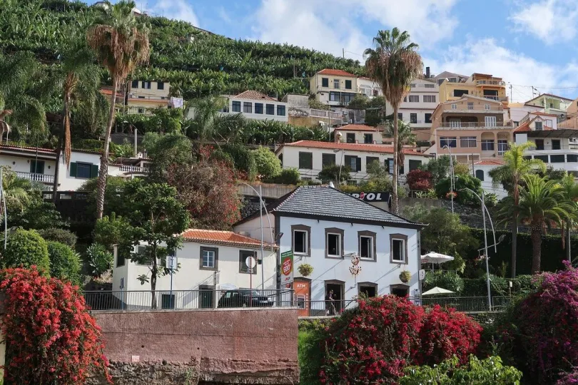Stad in Madeira tegen de berg.