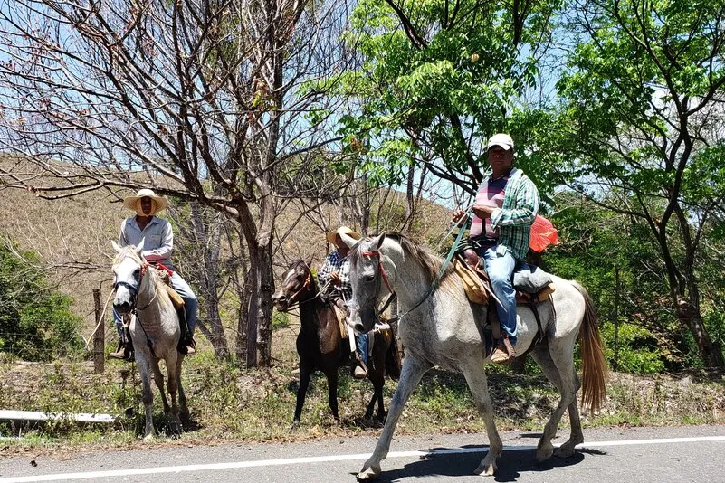 Panama - locals op paarden langs de weg in Boca Chica.