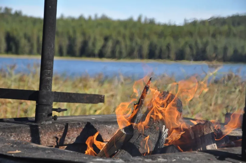 Houtblokken vuur met meer op de achtergrond.
