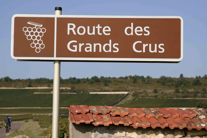 Bord van Route des Grands Crus in Frankrijk staande langs een Frans landweggetje met daarachter het Franse landschap met zijn wijngaarden.