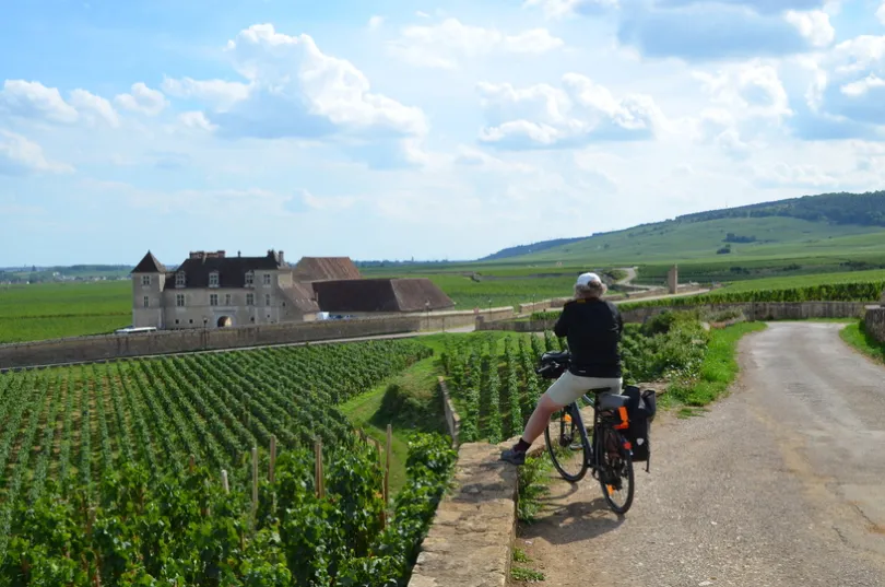 Vrouwelijke fietser die stil staat op een landweggetje midden in het Franse landschap met uitzicht op wijngaarde en een oud gebouw van steen met de in verte heuvels.
