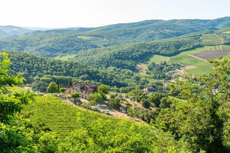 Glooiende heuvels en huisjes in het landschap van Volterra, Pisa.
