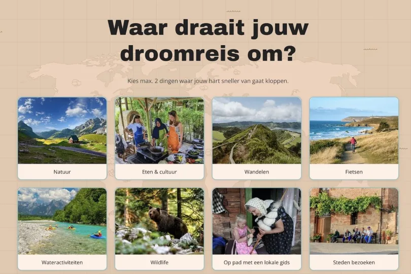 Een van de vragen die langskomt in de keuzehulp van Better Places: Waar draait jouw droomreis om?
