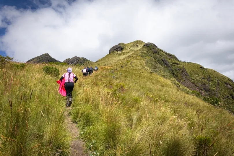 Wandelaars over een groene bergkam in de wolken van Ecuador.