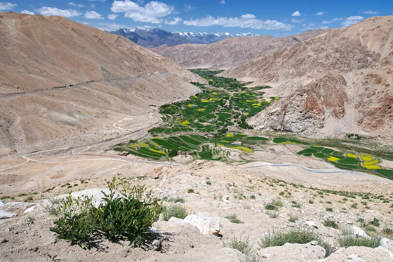 Reizen naar Ladakh - het landschap tussen Shyok en Leh met gebergte.