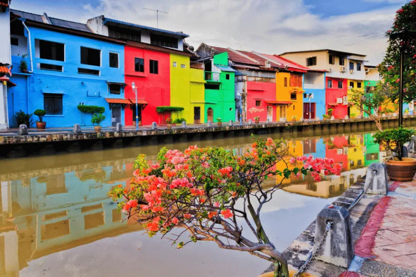 Bloeiende potplanten op de Melaka rivier in Malakka historisch erfgoed UNESCO-lijst stad van Maleisië.