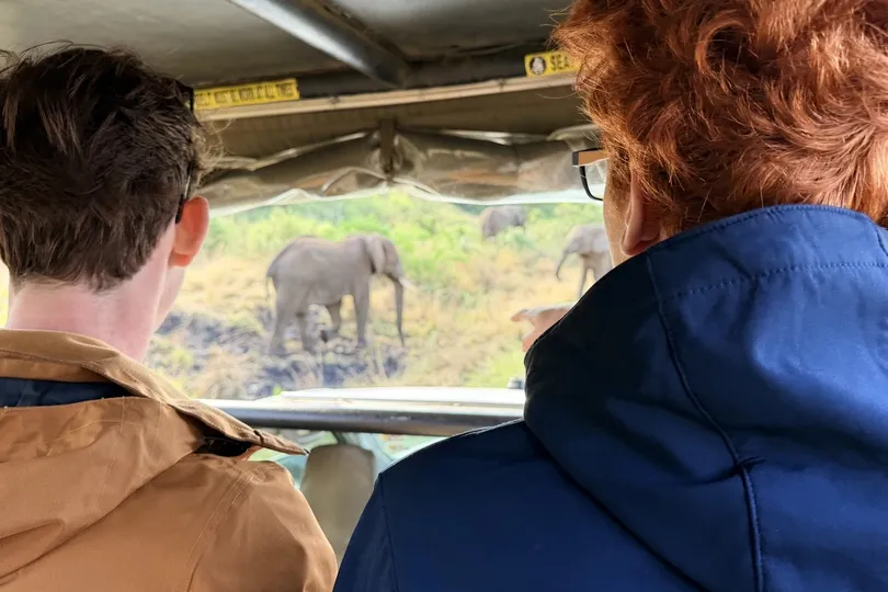 Twee jongens zitten in een safariwagen en kijken naar olifanten.