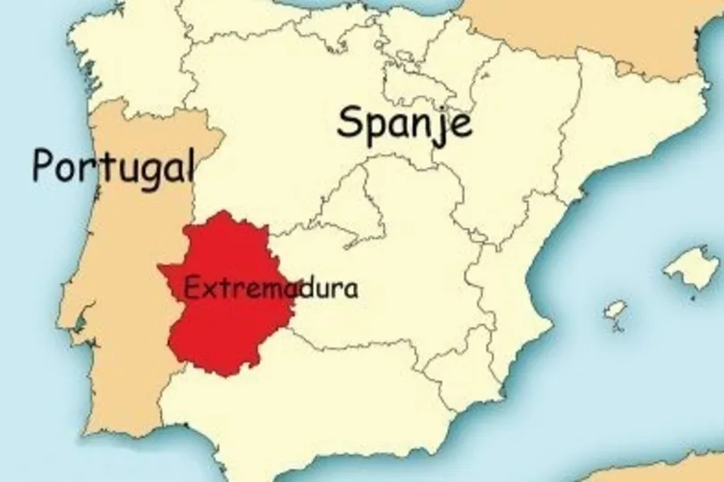Kaart van Spanje en Portugal in het rood Extremadura.