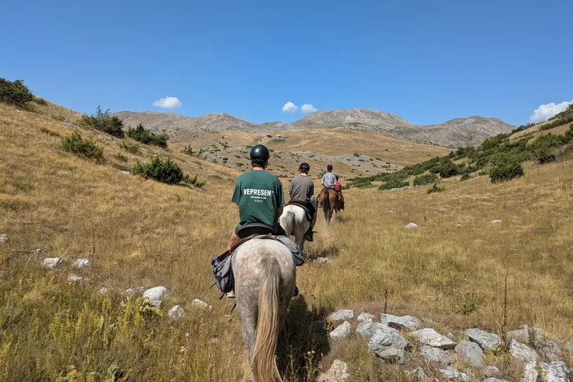 Drie mensen op een paar rijdend in natuur.