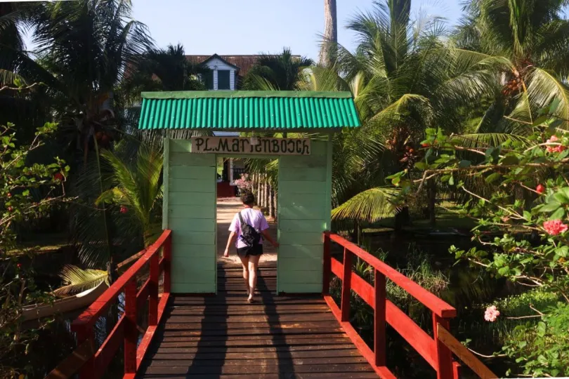 Een reiziger op een bruggetje in Suriname.