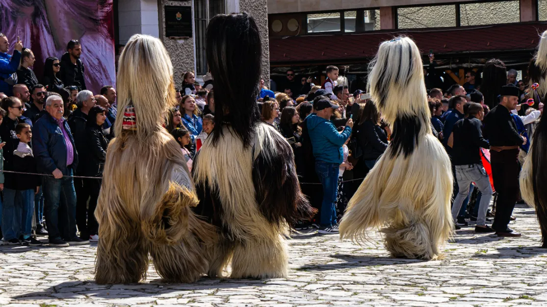 Kukeri pakken op straat als traditie in Bulgarije