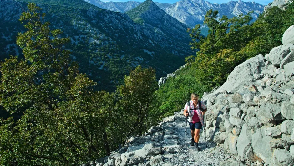 Wandelen Dinarische Alpen - wandelaar in bergen in Paklenic NP.