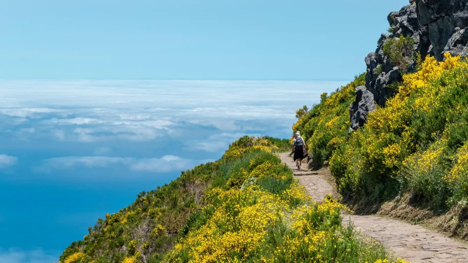 Twee mannen wandelen op een berg boven de wolken.