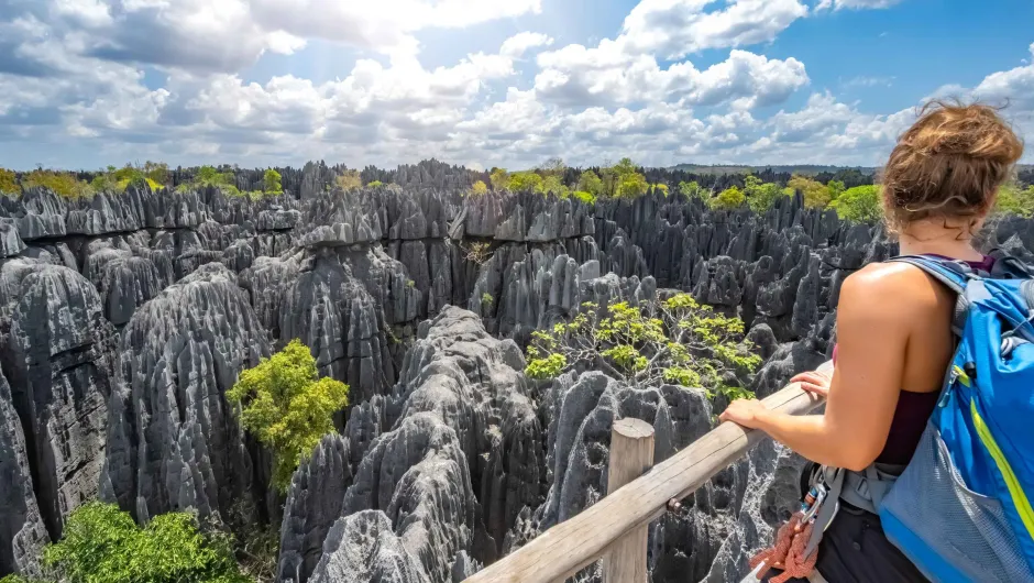 Reiziger op uitzichtpunt in Tsingy de Bamaraha National Park, Madagaskar.