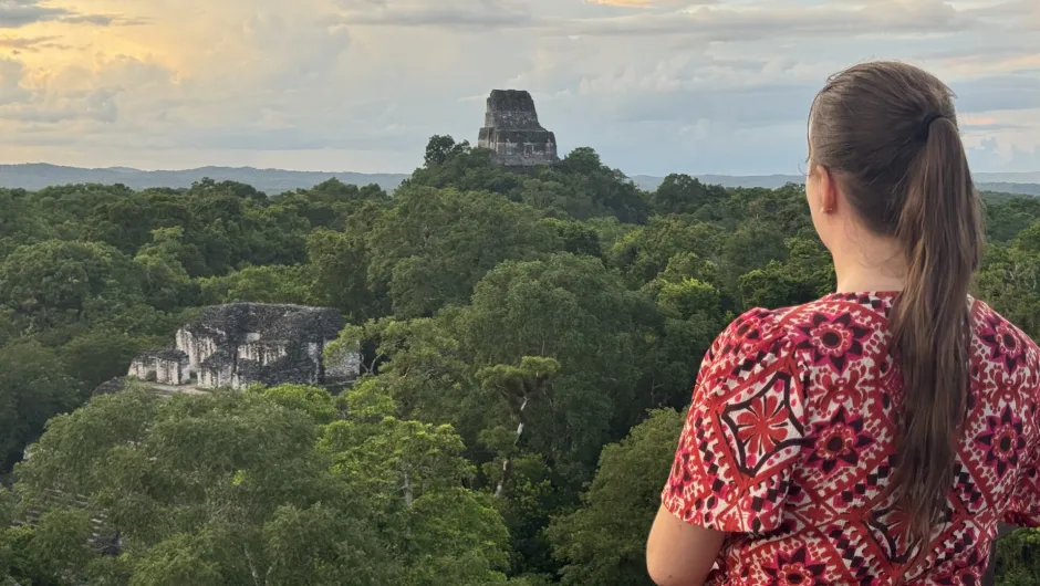 Elise kijkt uit over de jungle met maya tempels.