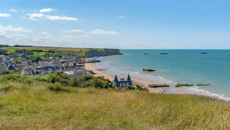 Uitzicht over Gold Beach dichtbij Arromanches.