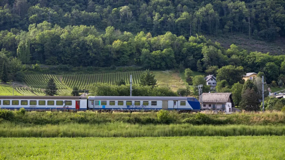 De TGV trein in Frankrijk die door het platteland van Bourgogne rijdt langs een heuvel met groene wijngaarden en bomen en langs huisjes.