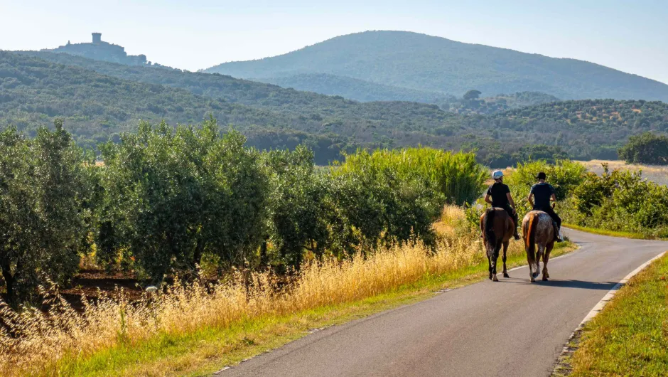 Twee reizigers paardrijden op een weg in het landschap van Toscae.