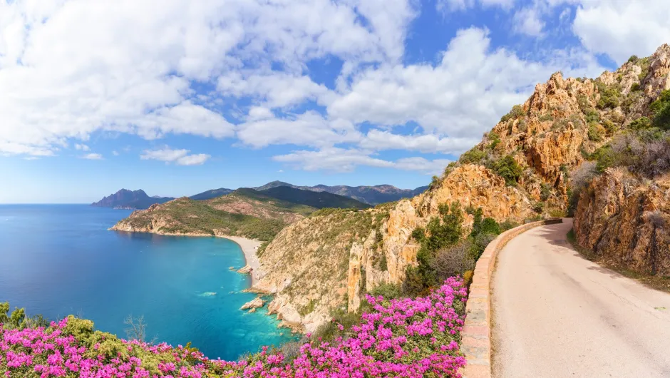 Uitzicht langs de zijkant van het eiland Corsica met een weg die leidt naar een baai en in de verte zie je bergen.