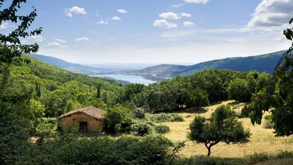 Huisje in groen landschap met bergen en rivier.