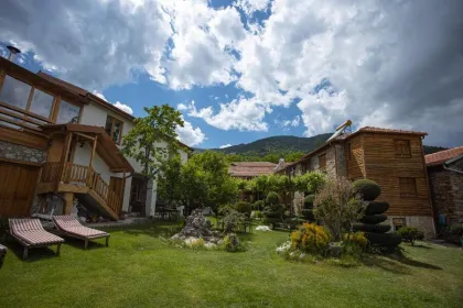 Tuin van accommodatie met zicht op bergen.