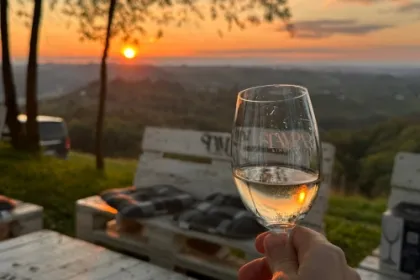 Een hand die een witte wijn vast houd voor de zonsondergang.