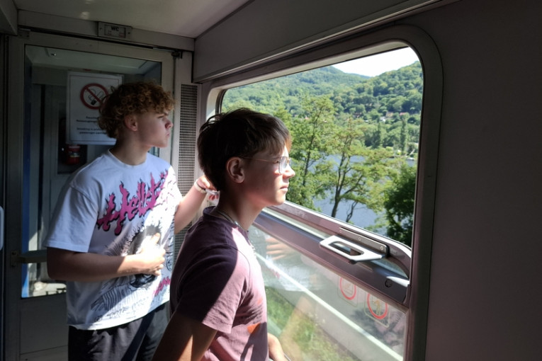 Twee jongens kijken uit de trein.