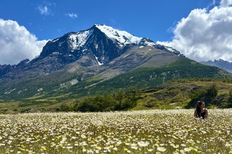 Vrouw zit in een bloemenveld in Argentinië met een berg op de achtergrond.