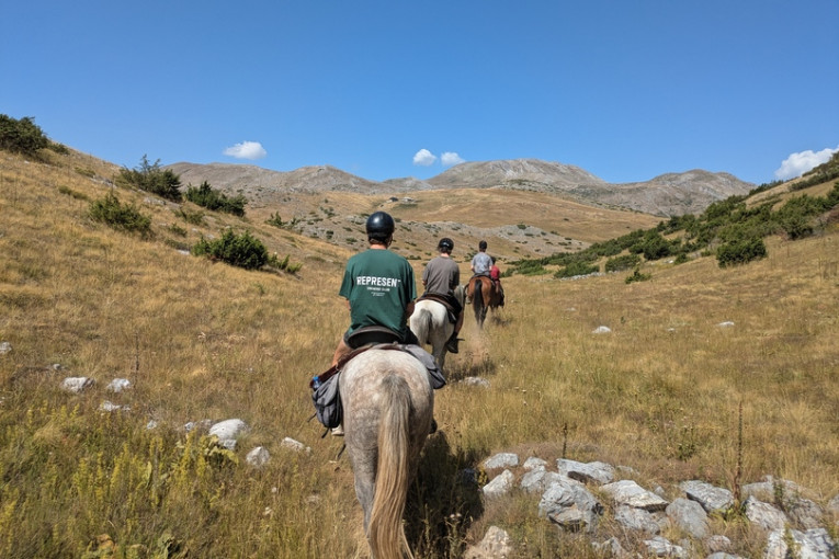 Gezin is aan het paardrijden in de natuur van Noord-Macedonië.