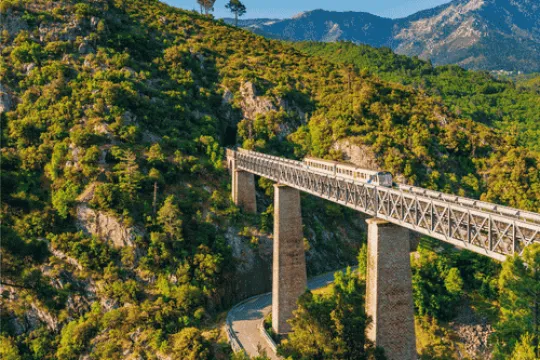 Corsicaans treintje op een viaduct tussen groene bergen.