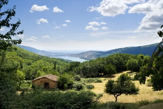 Huisje in groen landschap met bergen en rivier.